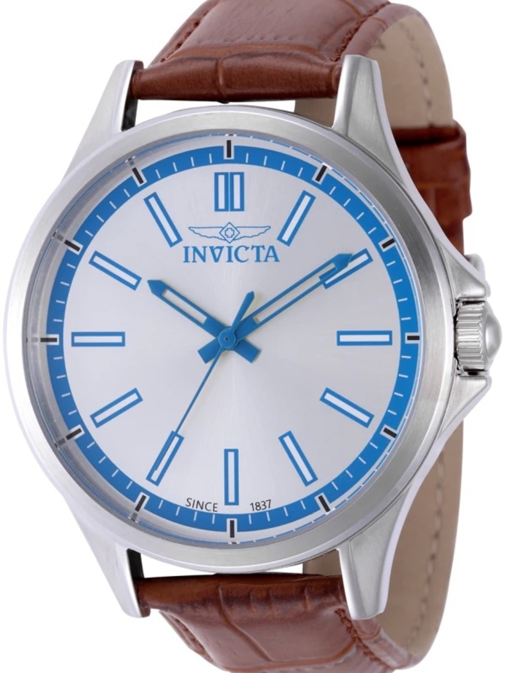 Invicta Silver Case Watch with Brown Strap and Blue Accents